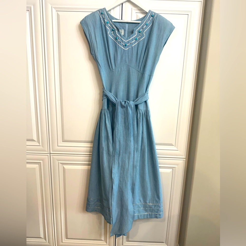 Vintage Algo-Ettes Womens Size 9 Cap Sleeve V-Neck Blue Cotton Midi Dress w/Gems